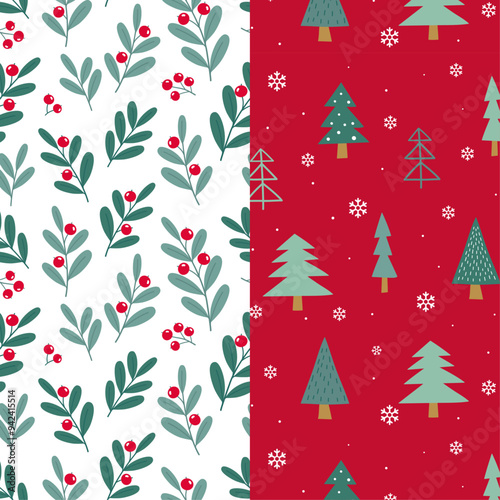 Christmas seamless pattern set with christmas tree and spruce branches berries. Seamless winter pattern. Wrapping paper Christmas. Vector illustration. 