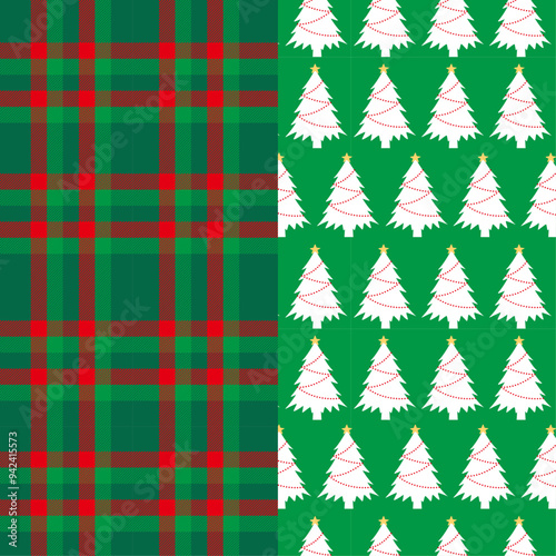 Christmas red green plaid and christmas tree vector Seamless Pattern. Seamless winter pattern set for wrapping paper. photo