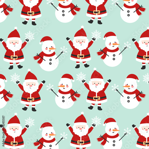 Seamless joyful christmas pattern santa claus snowman. Cute cartoon Illustration. Seamless texture for christmas design.