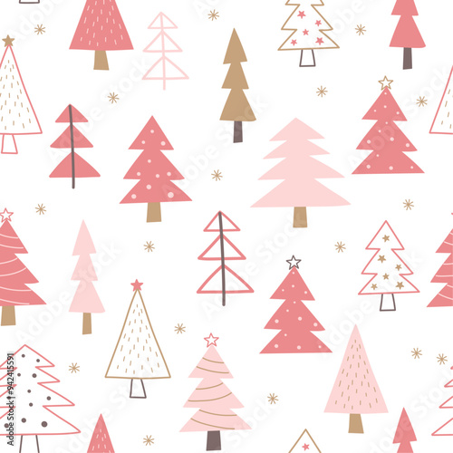 Y2K pink christmas tree seamless pattern. Cute hand drawn fir tee on pink background. Vector winter forest seamless pattern for print.