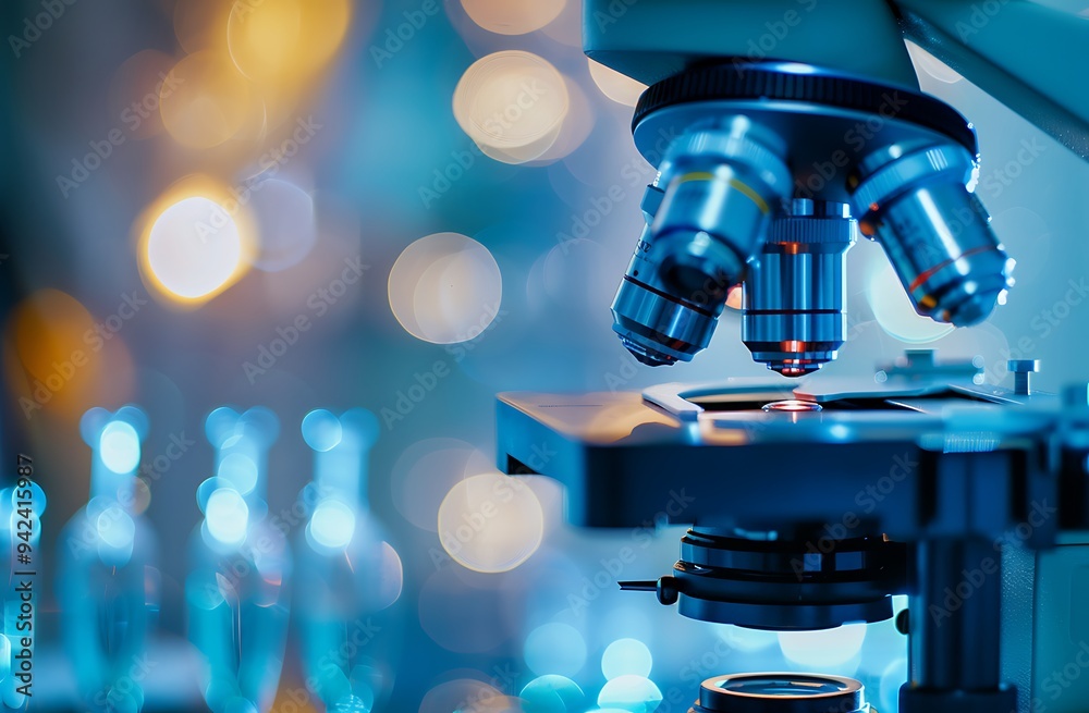 A closeup of an advanced microscope in the foreground, with laboratory equipment and test tubes blurred out behind it. The background is softly focused to create depth, highlighting scientific explora A closeup of an advanced microscope in the foreground, with laboratory equipment and test tubes blurred out behind it. The background is softly focused to create depth, highlighting scientific explora