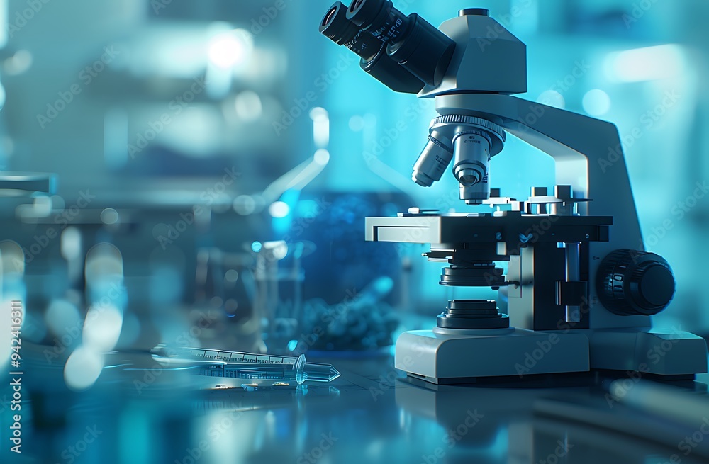 A closeup of an advanced microscope in the foreground, with laboratory equipment and test tubes blurred out behind it. The background is softly focused to create depth, highlighting scientific explora A closeup of an advanced microscope in the foreground, with laboratory equipment and test tubes blurred out behind it. The background is softly focused to create depth, highlighting scientific explora