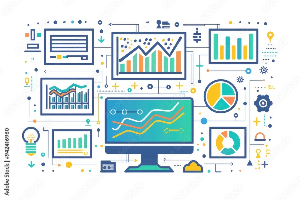 A computer screen showing charts and graphs, useful for presentations and reports A computer screen showing charts and graphs, useful for presentations and reports