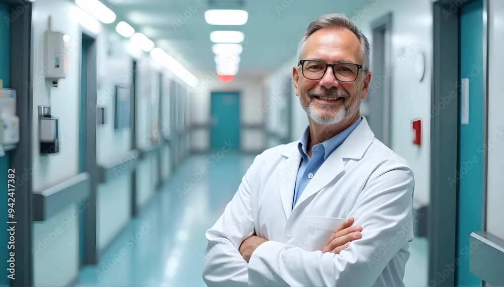 Smiling Doctor in White Coat in Hospital Hallway – Professional and Friendly Medical Environment Smiling Doctor in White Coat in Hospital Hallway – Professional and Friendly Medical Environment