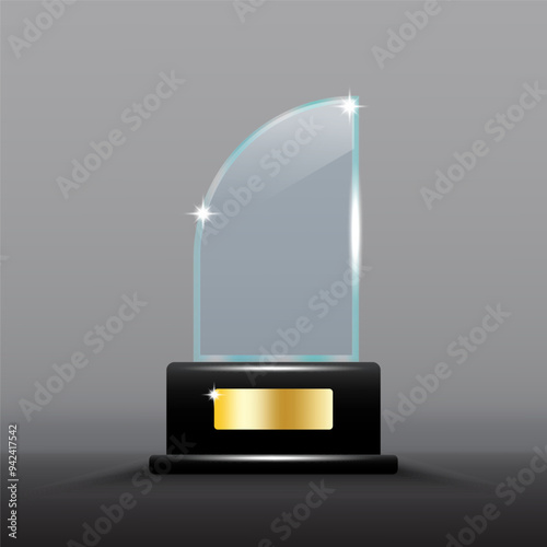 Glass curved trophy. Elegant crystal design. Black base with gold plate. Shiny vector award.