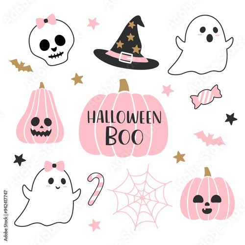 Happy Halloween cute elements pattern collection. Cartoon ghost pumpkin bats and hat set in flat style. Halloween clipart. Vector illustration.