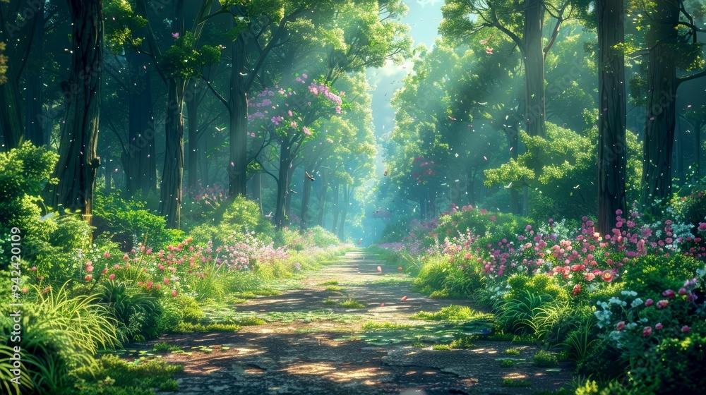A Path Through a Magical Forest Filled with Flowers and Butterflies A Path Through a Magical Forest Filled with Flowers and Butterflies