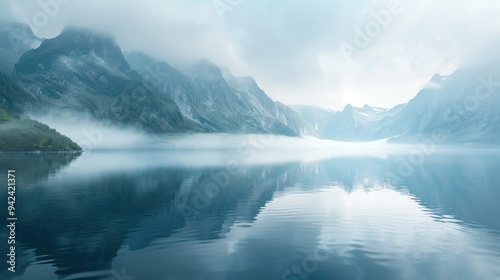 Mountain reflection on a serene lake in misty weather