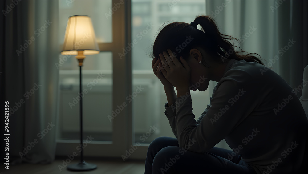 A person sits with their head in their hands, overwhelmed by despair in a dark room. This image conveys a powerful sense of sadness and mental struggle.
A person sits with their head in their hands, overwhelmed by despair in a dark room. This image conveys a powerful sense of sadness and mental struggle.