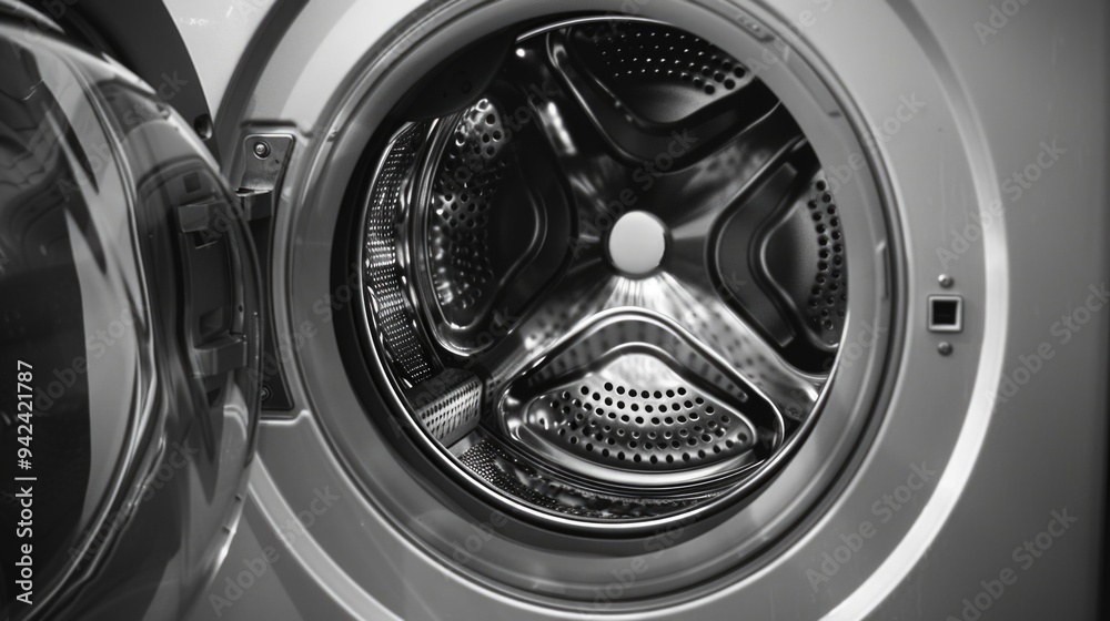 A close-up shot of an old-fashioned washing machine in grayscale A close-up shot of an old-fashioned washing machine in grayscale