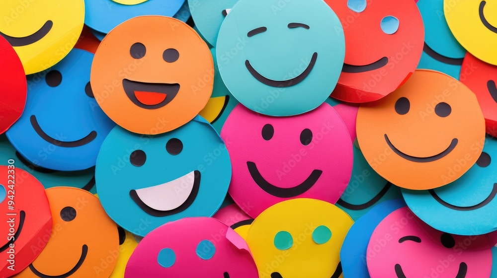 Multicolored paper emoticons representing mental wellness and positive living on World Mental Health Day Multicolored paper emoticons representing mental wellness and positive living on World Mental Health Day