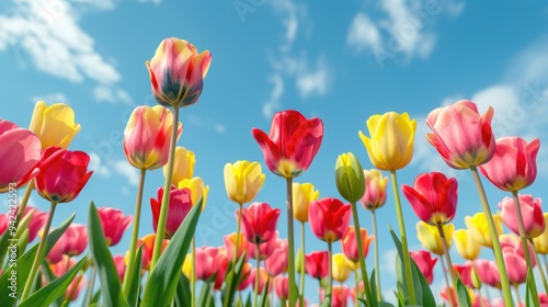 Multicolored tulips against blue sky with selective focus