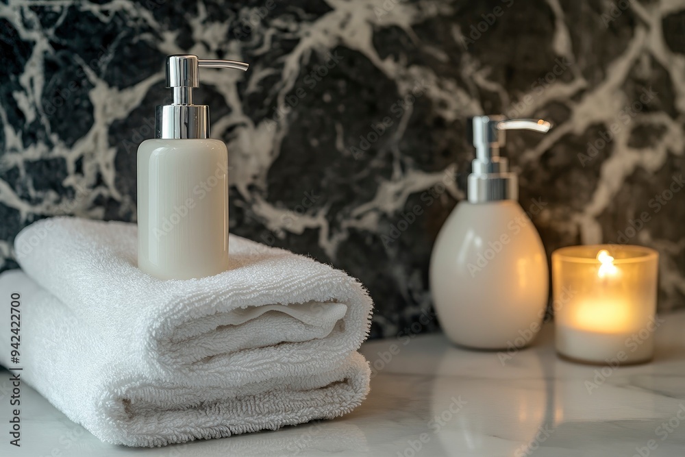 Shampoo and body lotion bottle, candle, towels and copy space on bathroom countertop with generative ai Shampoo and body lotion bottle, candle, towels and copy space on bathroom countertop with generative ai