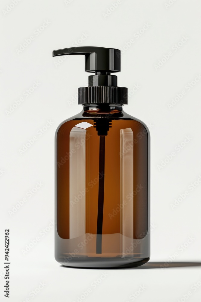 A close-up of a brown glass bottle with a black pump on top, suitable for use in still life photography or product displays A close-up of a brown glass bottle with a black pump on top, suitable for use in still life photography or product displays