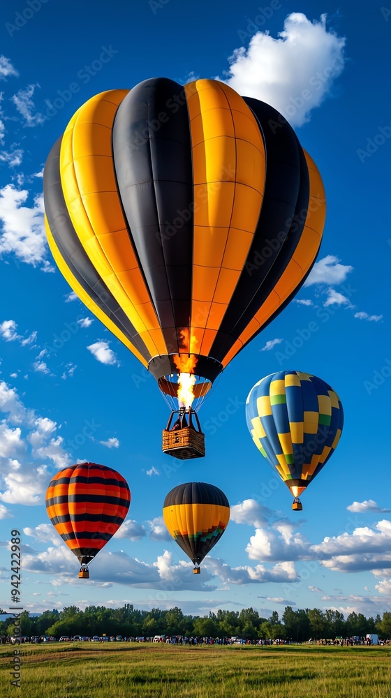 Fototapeta premium Colorful hot air balloons soaring in a clear blue sky above a scenic landscape, perfect for travel and adventure themes.