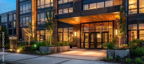 A modern, sleek entrance to an apartment building with large windows and a grand front door.