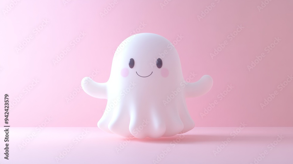 Happy Halloween banner. Festive background with realistic 3d cute ghost