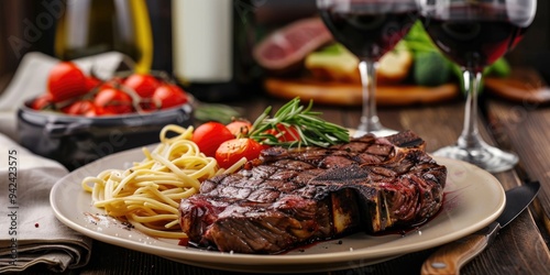 Grilled Rib Eye Steak Accompanied by Vegetable Pasta and Red Wine