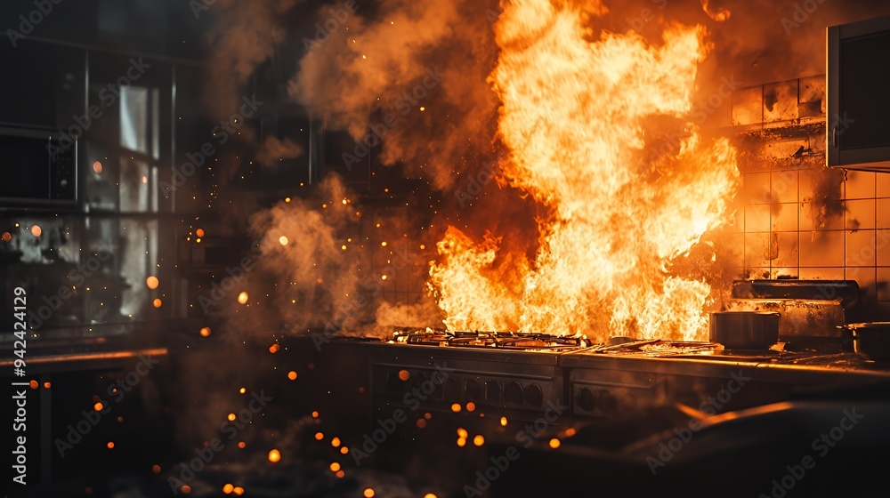 A kitchen engulfed in flames, depicting a dangerous fire scenario. A kitchen engulfed in flames, depicting a dangerous fire scenario.