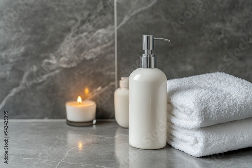 Shampoo and body lotion bottle, candle, towels and copy space on bathroom countertop with generative ai