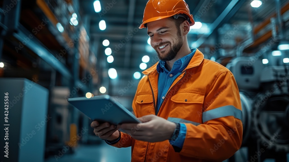 Industrial Worker Using Tablet In Factory Setting Industrial Worker Using Tablet In Factory Setting