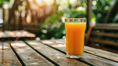 Orange juice on wooden outdoor table