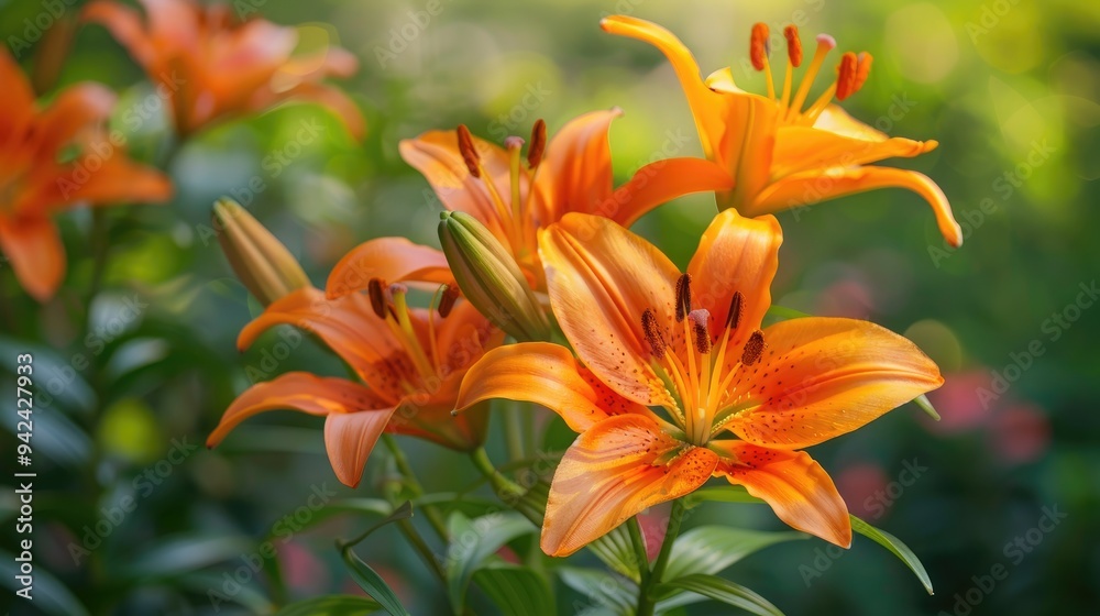 Orange lilies for garden beautification with floral background Orange lilies for garden beautification with floral background
