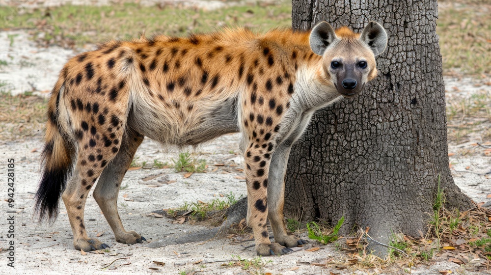 Spotted Hyena Standing Beside a Tree Trunk Spotted Hyena Standing Beside a Tree Trunk