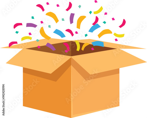 Open cardboard box exploding with colorful confetti on white background