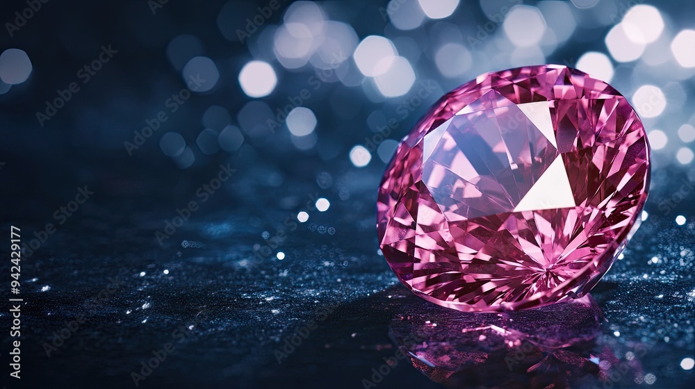 A beautiful pink gemstone shines against a dark, shimmering background, highlighting its intricate facets and deep color