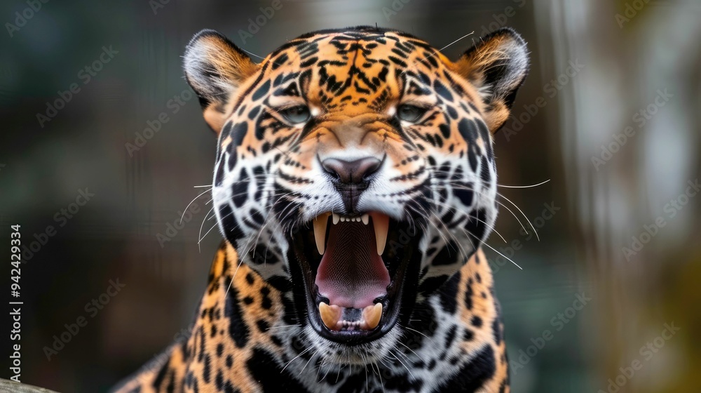 Close-up Portrait of a Roaring Jaguar with Sharp Teeth and a Spotted Coat Close-up Portrait of a Roaring Jaguar with Sharp Teeth and a Spotted Coat
