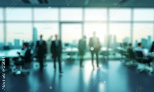 A blurred office scene with professionals engaged in discussion against a city skyline backdrop.