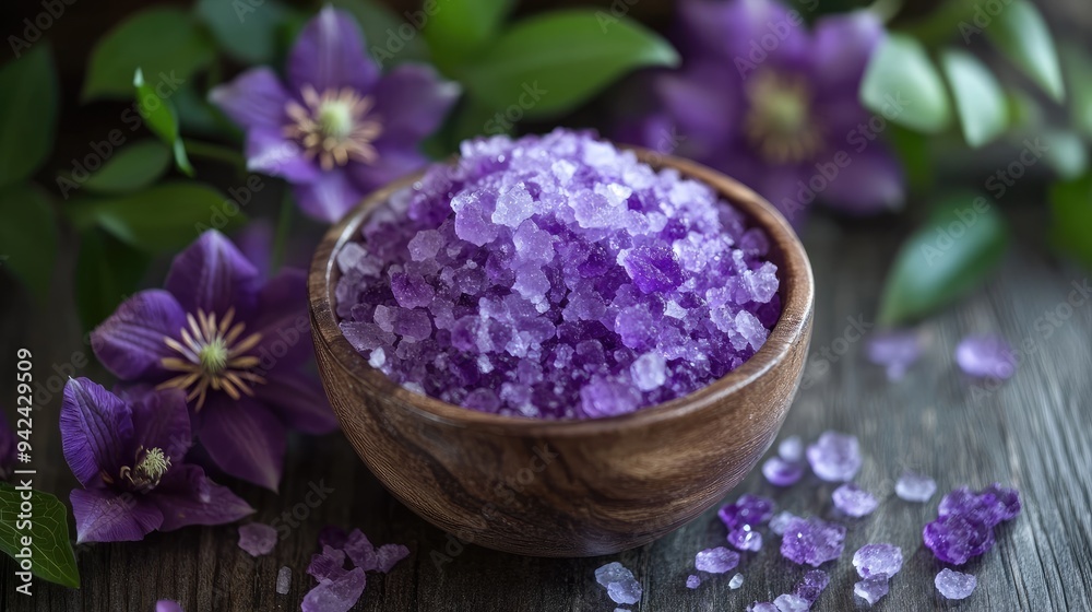 A calming image of purple clematis spa salt in a glass container, with selective focus on the salt crystals A calming image of purple clematis spa salt in a glass container, with selective focus on the salt crystals