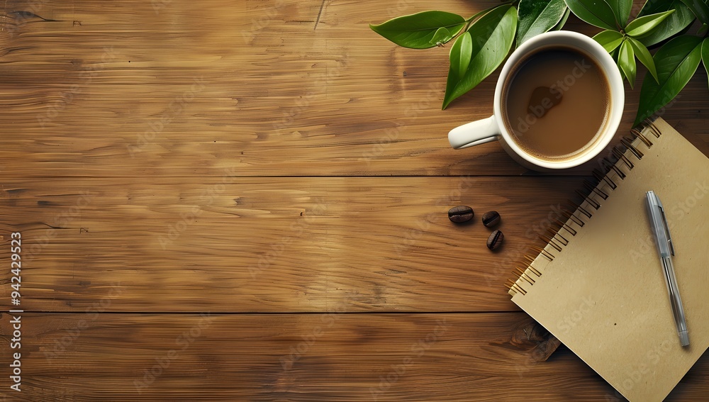 Photo of a bamboo desk with coffee and notebook on top in a flat lay. Web banner with copy space on the right Photo of a bamboo desk with coffee and notebook on top in a flat lay. Web banner with copy space on the right