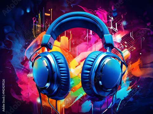 the harmony of headphones with vivid color music background generative ai