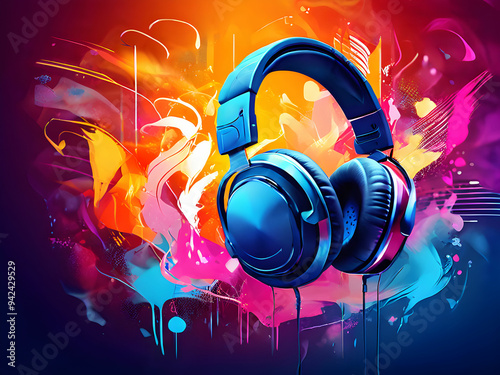 the harmony of headphones with vivid color music background generative ai