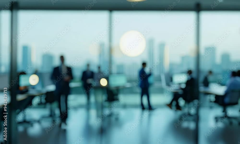 Blurry office scene with people and a city skyline in the background. Blurry office scene with people and a city skyline in the background.