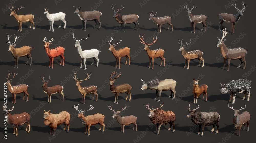 Fototapeta premium Collection of Low Poly Deer Models.