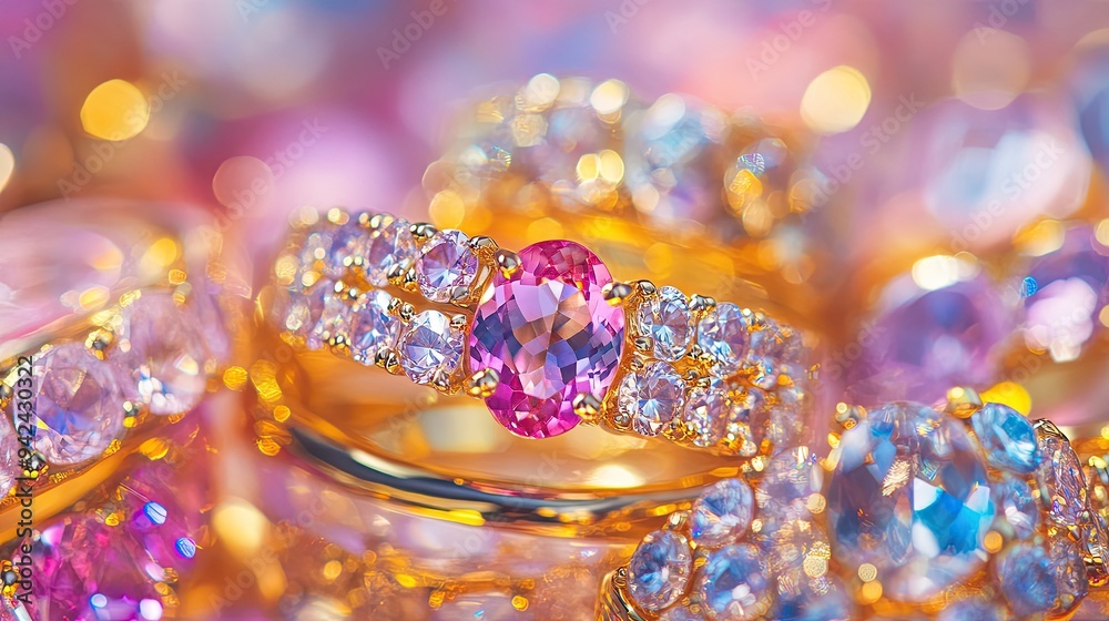 A close-up view of gold rings adorned with pink and clear gemstones, set against a lively, colorful background A close-up view of gold rings adorned with pink and clear gemstones, set against a lively, colorful background