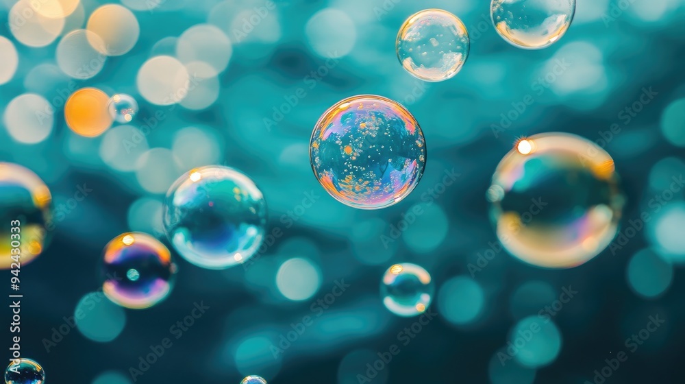 A close-up view of vibrant bubbles floating in the air, set against a serene blue water background, A close-up view of vibrant bubbles floating in the air, set against a serene blue water background,