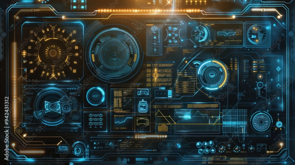 Futuristic Interface with Glowing Blue and Yellow Lights. Futuristic Interface with Glowing Blue and Yellow Lights.
