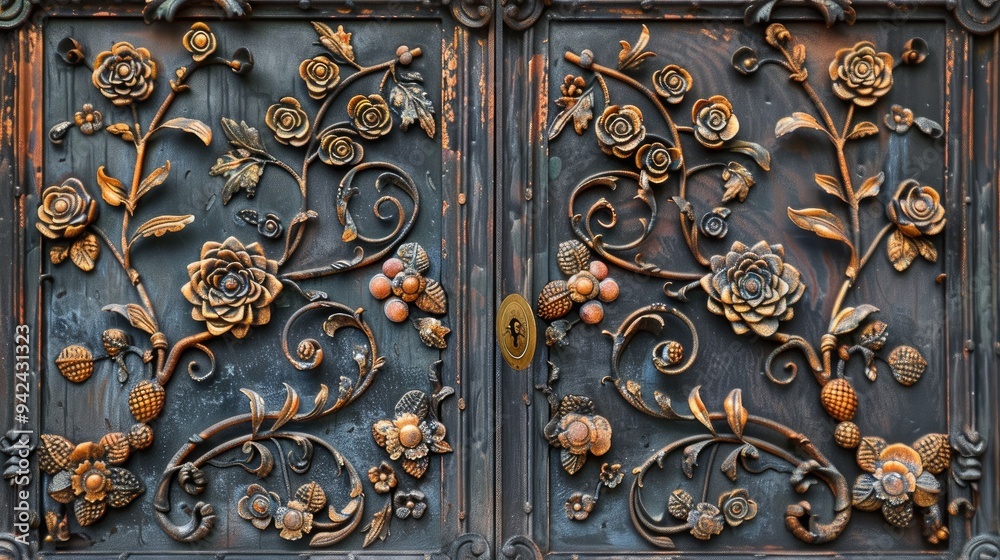 Ornate metal door with floral and fruit motifs Ornate metal door with floral and fruit motifs