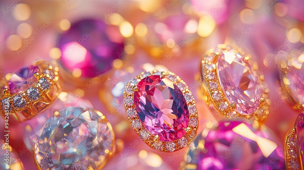A detailed shot of pink and clear gemstones glimmering in gold rings, against a vibrant, colorful background A detailed shot of pink and clear gemstones glimmering in gold rings, against a vibrant, colorful background