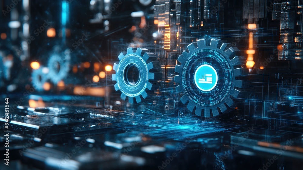 A dynamic visualization of futuristic gears representing Industry 4.0, with a virtual business diagram overlay A dynamic visualization of futuristic gears representing Industry 4.0, with a virtual business diagram overlay