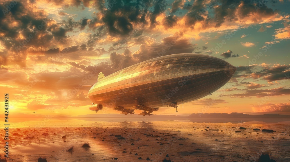 Retro Airship Flying Over Desert at Sunset. Retro Airship Flying Over Desert at Sunset.