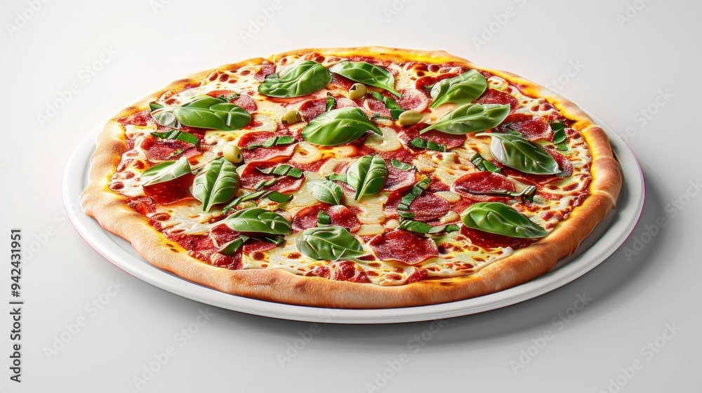 Delicious pepperoni pizza with fresh basil leaves. Delicious pepperoni pizza with fresh basil leaves.