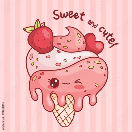 Cute ice cream cone with strawberries and melted drops. Card with sweet kawaii cartoon character and funny slogan. Vector illustration