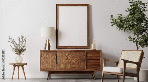Poster frame mockup in home interior with old retro furniture, 3d rendering the beautiful one