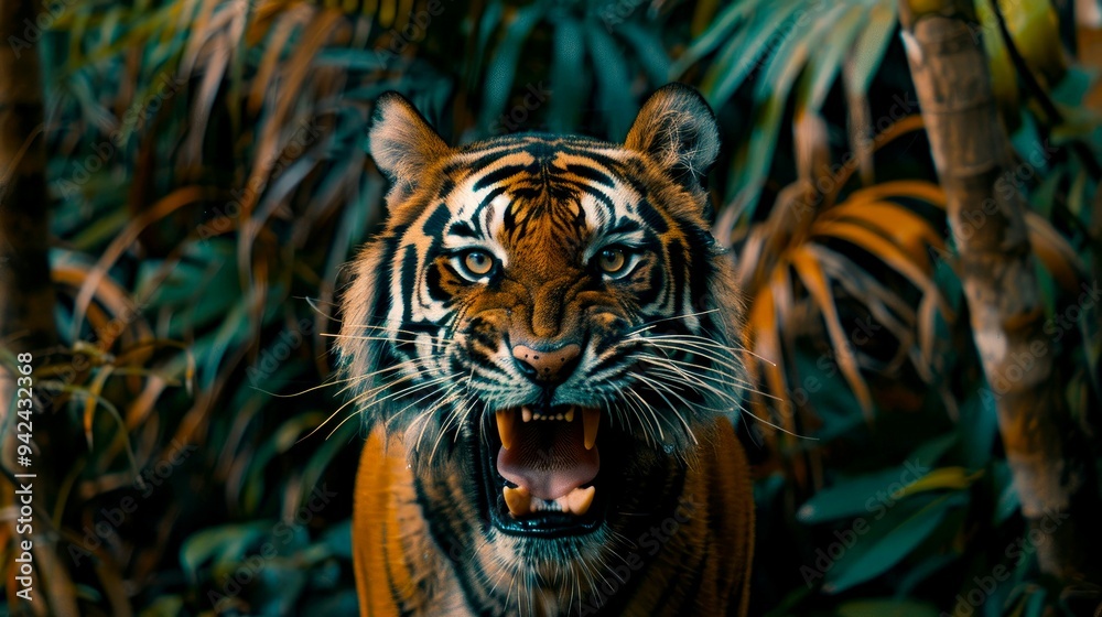 A Roaring Tiger with a Blurry Background of Green and Brown Leaves A Roaring Tiger with a Blurry Background of Green and Brown Leaves