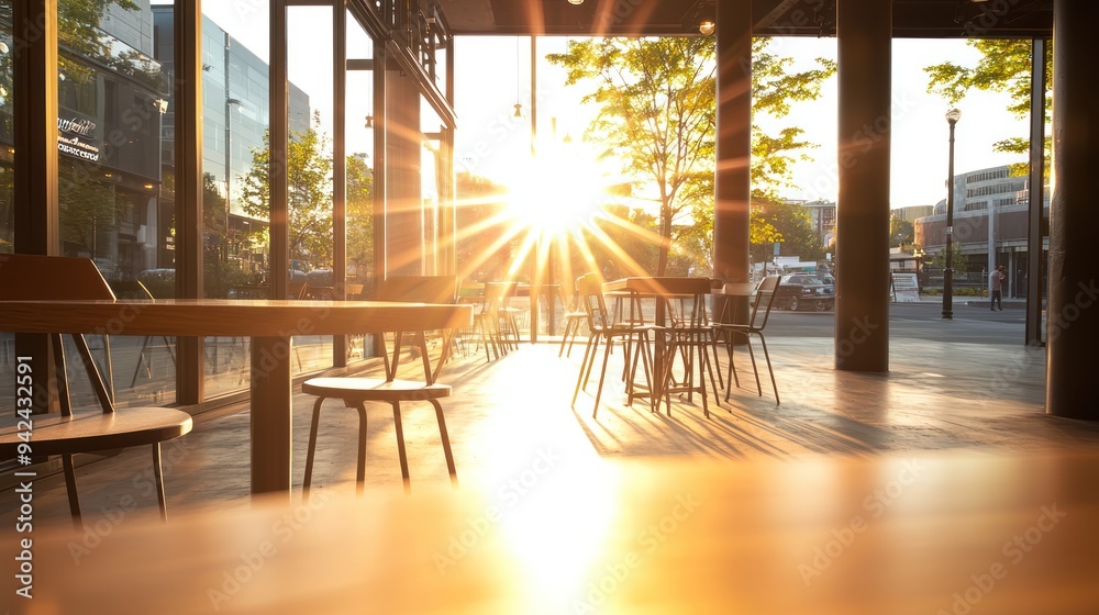 Fototapeta premium Cozy Coffee Shop Bathed in Golden Sunrise Light with Empty Chairs and Tables, Generative Ai
